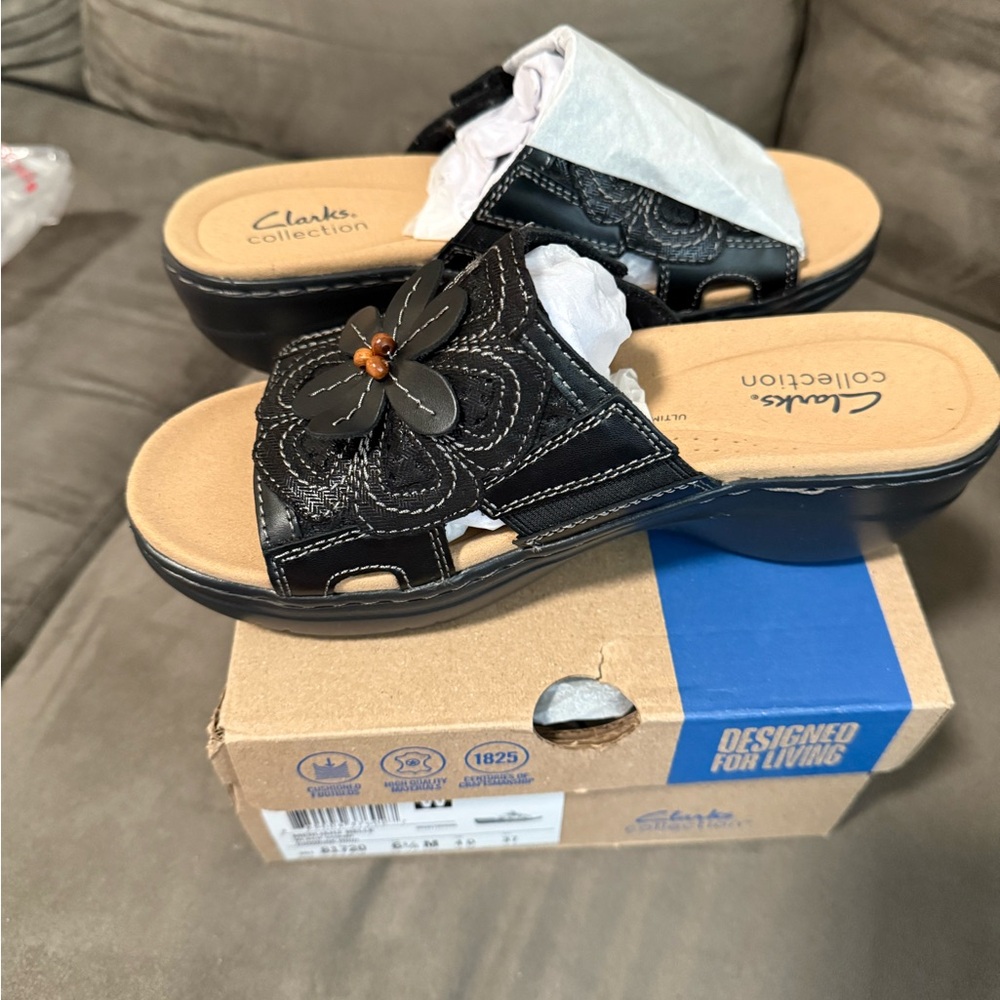 Clarks Black and Tan Mules with Cushioned Footbed *brand new with box